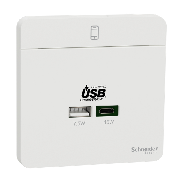Bộ sạc âm tường Schneider USB-A 7.5W và USB-C 45W màu trắng E832USB45_WE