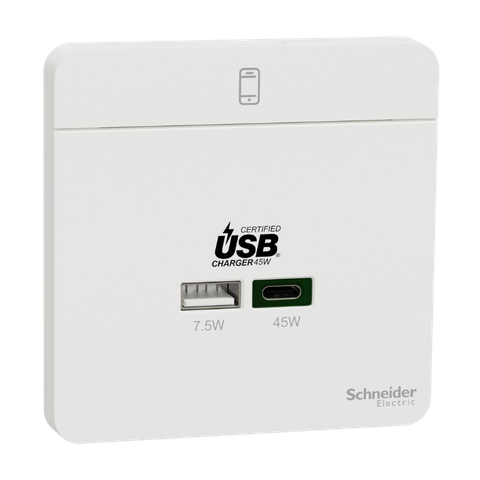 Bộ sạc âm tường Schneider USB-A 7.5W và USB-C 45W màu trắng E832USB45_WE