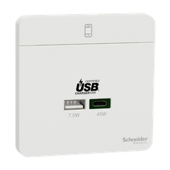 Bộ sạc âm tường Schneider USB-A 7.5W và USB-C 45W màu trắng E832USB45_WE