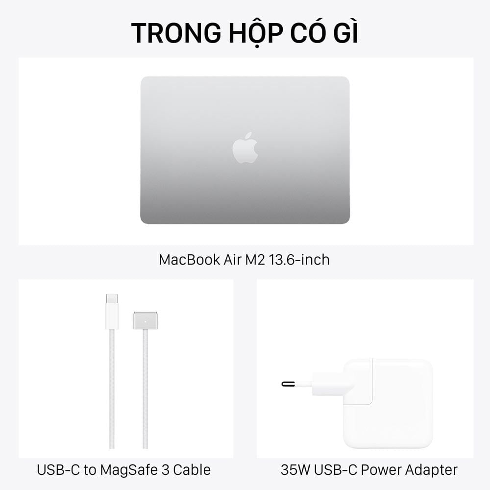  MacBook Air M2 13.6-inch 2022 màu Silver 8-Core CPU / 10-Core GPU / 16GB RAM / 512GB - Hàng chính hãng 