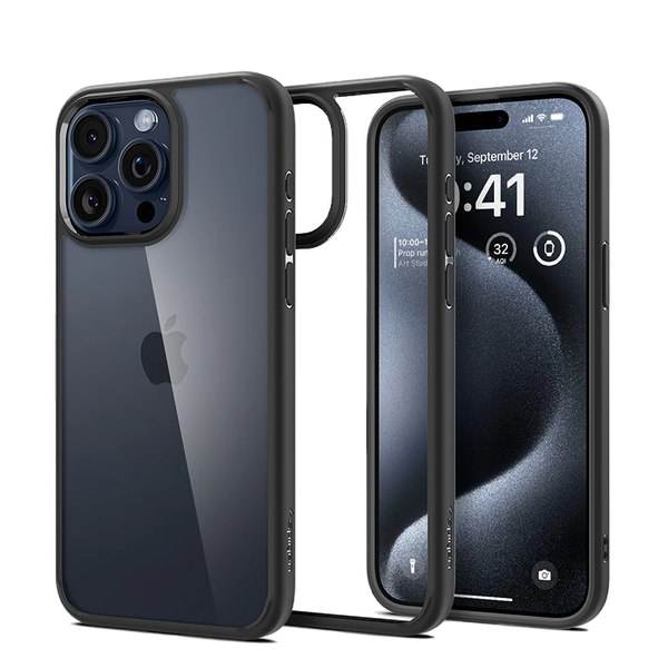 Ốp lưng Spigen 15 Pro Ultra Hybrid Crystal Viền màu Đen, Trong suốt