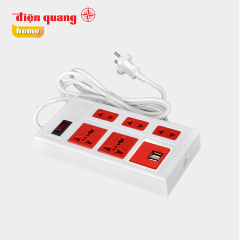 Ổ Cắm Điện Quang ECO ĐQ ESK 5ECO 2A ( 5 lỗ, 2 cổng USB 2.0A, màu trắng đỏ )