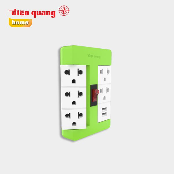 Ổ cắm Xoay 90° Điện Quang ĐQ ESK RT 53GW 2USB ( 5 lỗ 3 chấu, 2USB, màu xanh lá trắng )