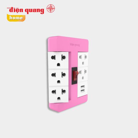 Ổ cắm Xoay 90° Điện Quang ĐQ ESK RT 53PW 2USB ( 5 lỗ 3 chấu, 2USB, màu hồng trắng )