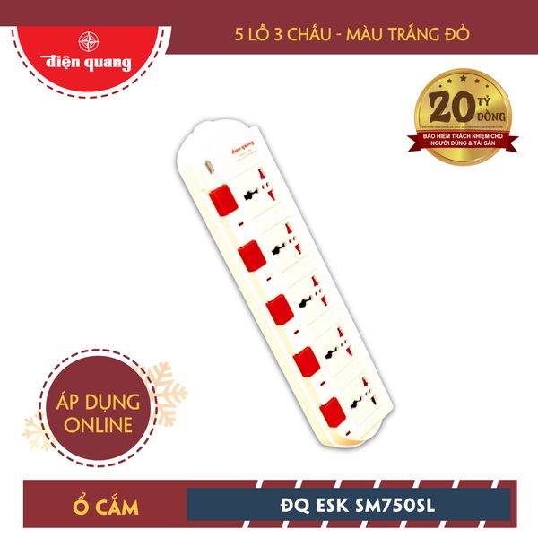 Ổ cắm Điện Quang ĐQ ESK 5W.SM750SL (5 lỗ 3 chấu dây 5 mét màu trắng đỏ)