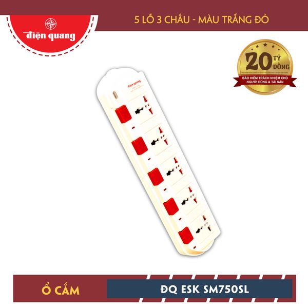 Ổ cắm Điện Quang ĐQ ESK 5W.SM750SL (5 lỗ 3 chấu dây 5 mét màu trắng đỏ)