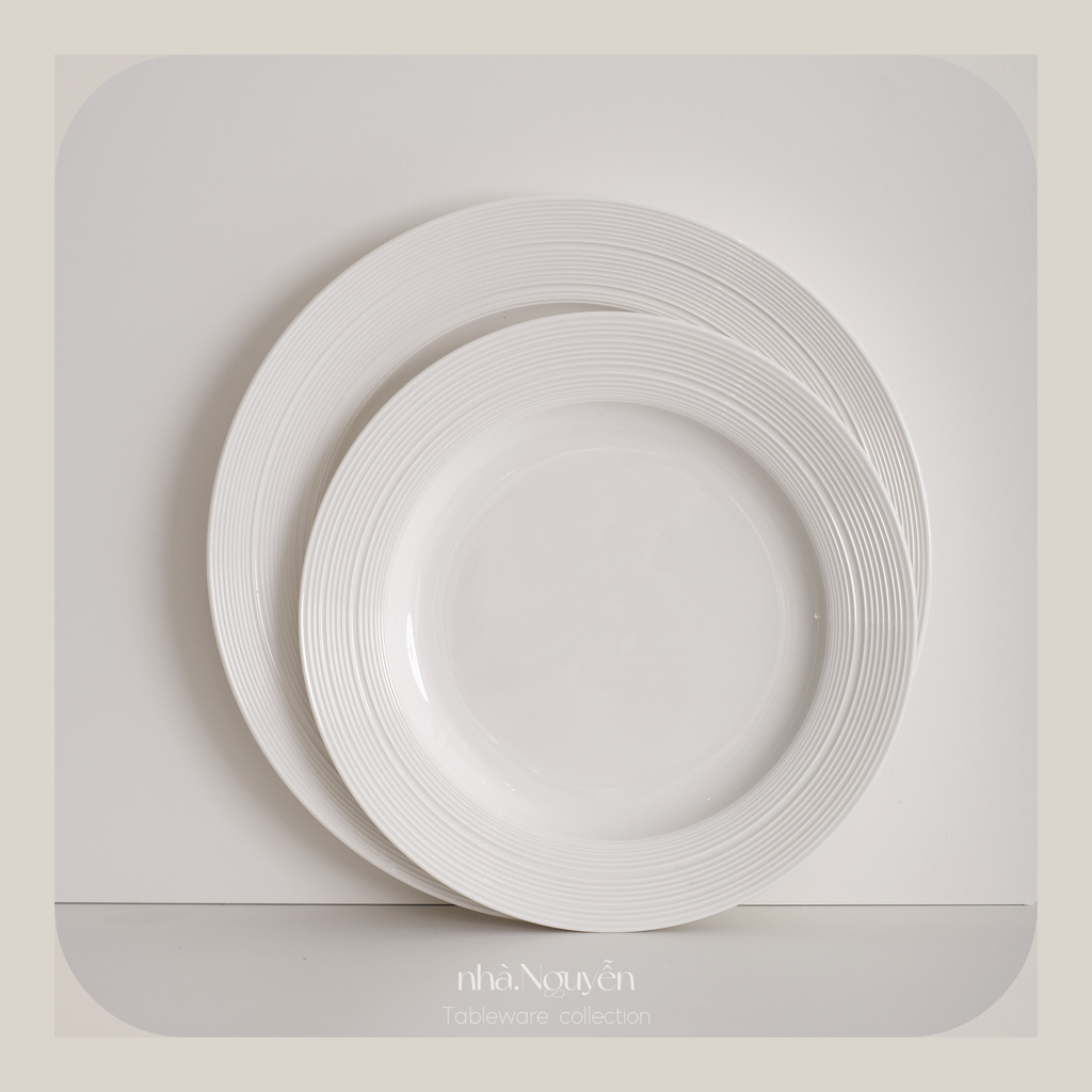  Set | Bộ 2 đĩa ăn Canitia sứ trắng ngà vân cát (21.5cm, 25.5cm) 