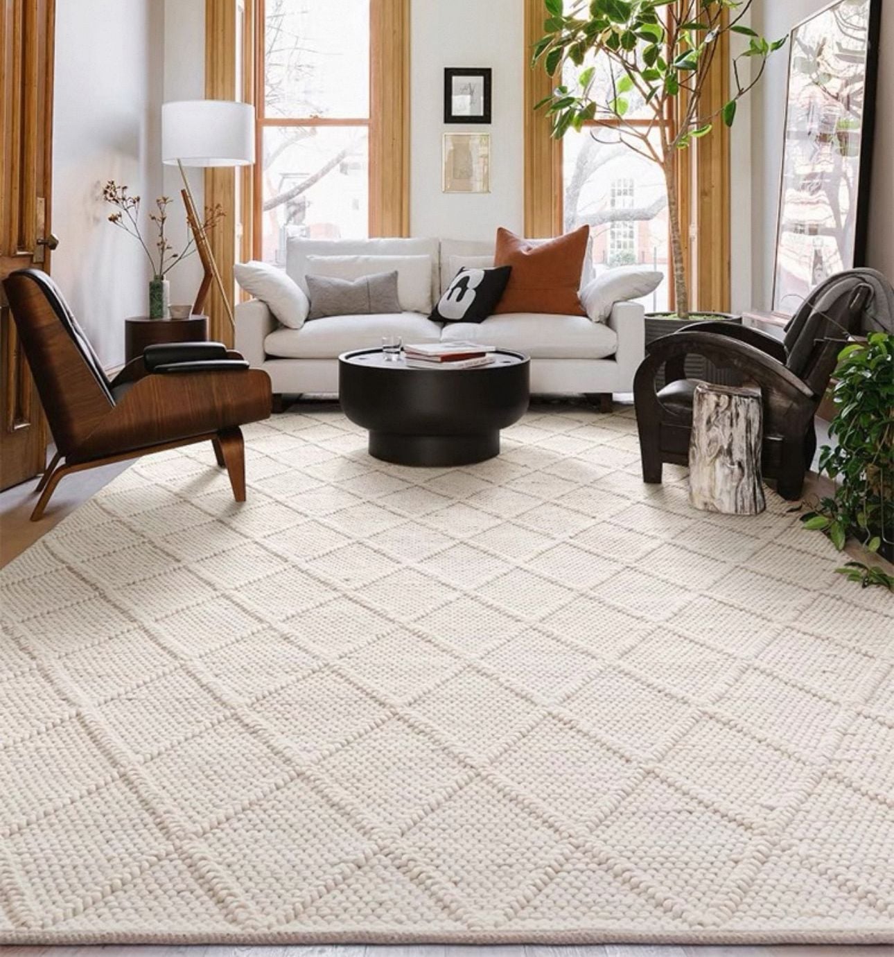  Rhombus Indian wool rug - White 