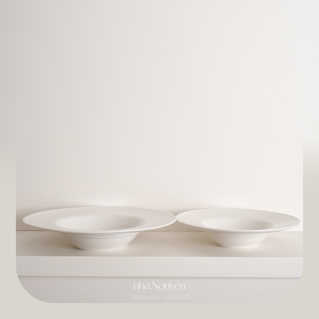  Set | Bộ 2 đĩa ăn sâu lòng Canitia sứ trắng ngà vân cát (22.5cm, 27.5cm) 