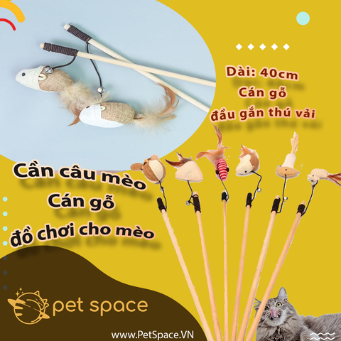 CẦN CÂU CÁN GỖ THÚ VẢI CHO CHÓ MÈO