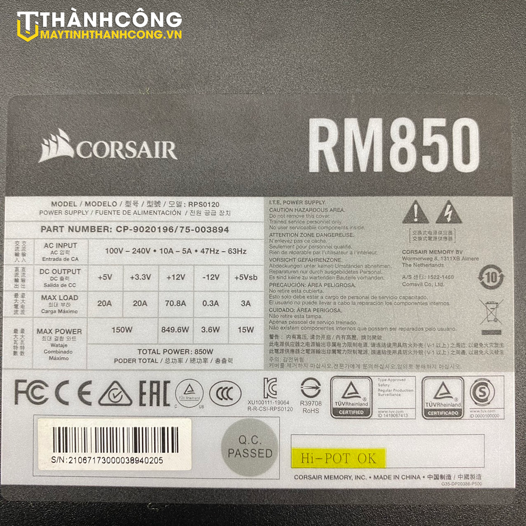 Nguồn máy tính Corsair RM850 Black (80 PLUS GOLD MODULAR) FULL BOX 09-2031 2ND