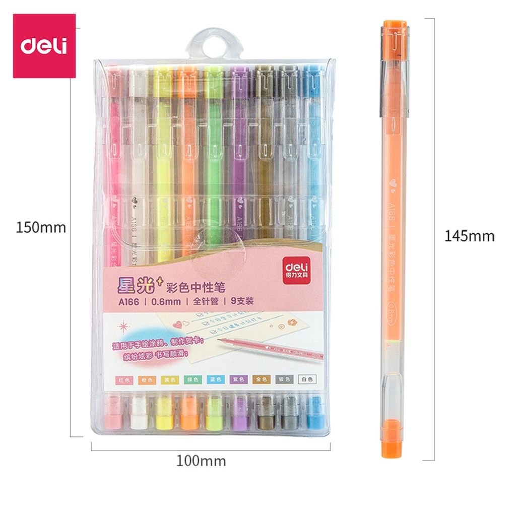  Bút gel nhiều màu Deli - 0.6mm - Mực trơn đều, tích hợp ghim kẹp - 9 màu 9 chiếc/Hộp - 1 hộp - A166 