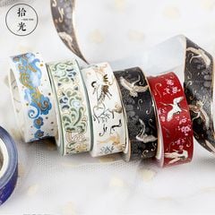  WASHI TAPE Băng dính trang trí, Họa Tiết Nhũ Vàng Ánh Kim Phong Cách Trung Hoa Cổ [ 002 ] 