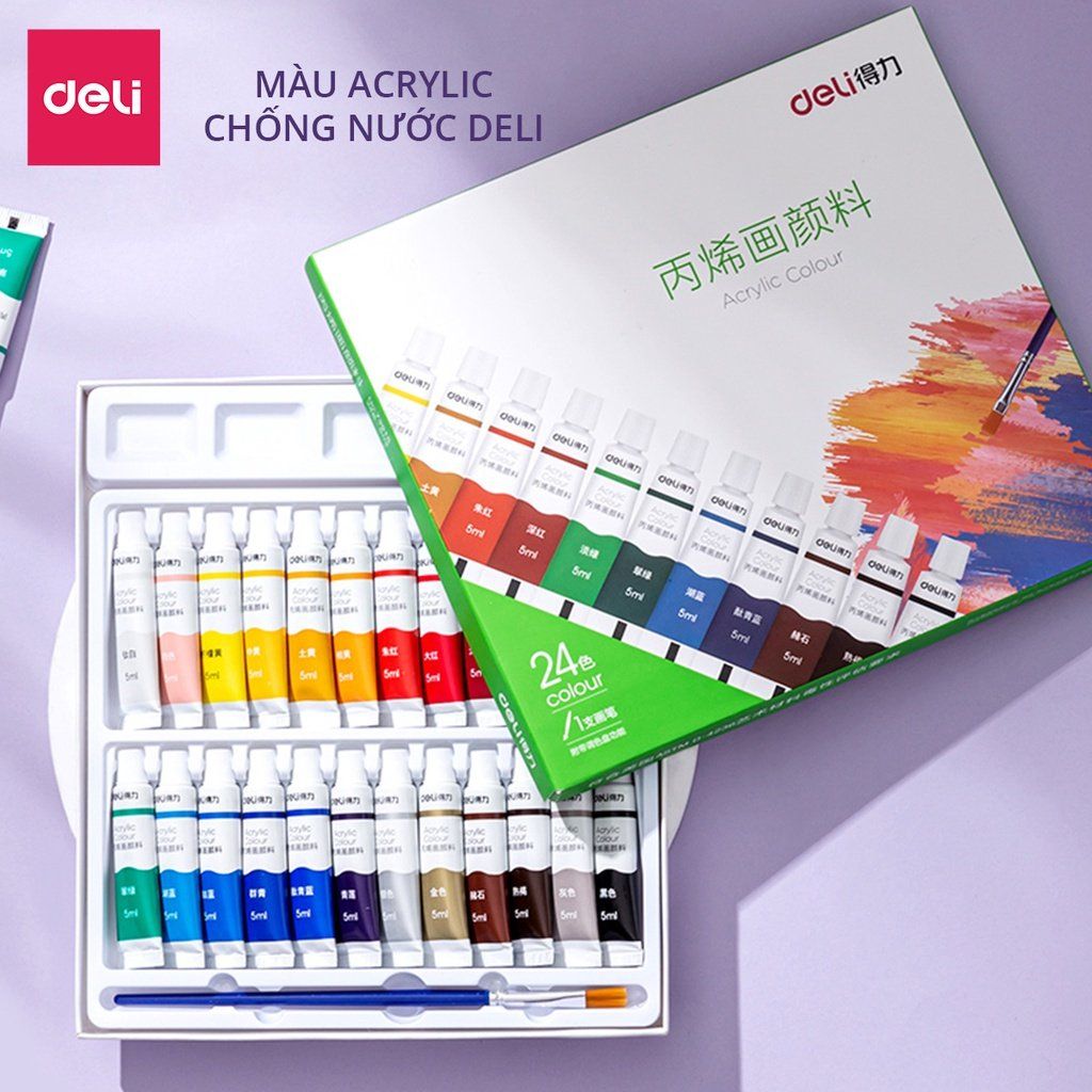  Màu nước acrylic dạng tuýp 5ml chuyên nghiệp Deli - dùng để vẽ vải / giày / tường - 12/18/24 màu - 73913 73914 73915 