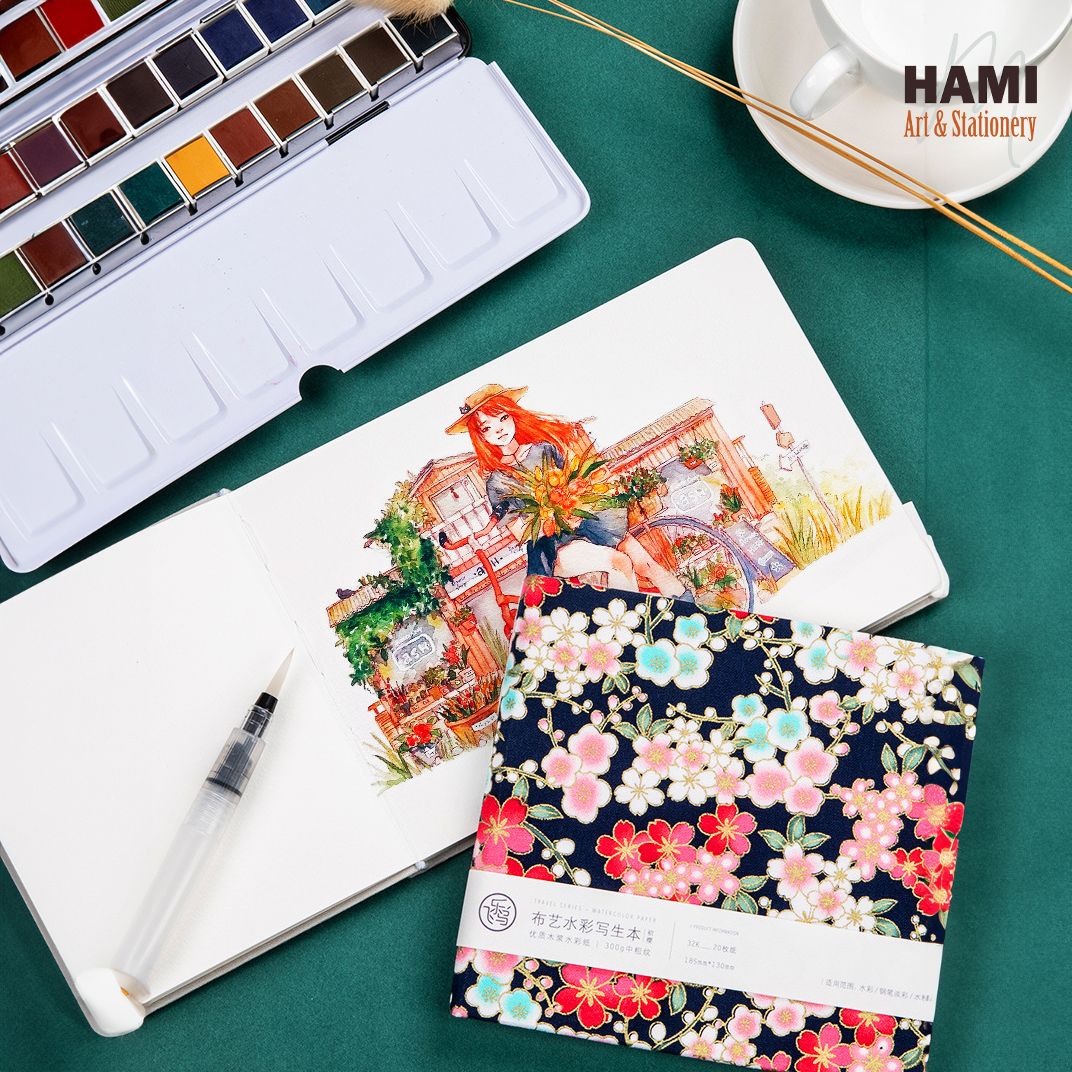  Sổ vẽ nước khổ 32K bìa handmade gáy may vân Hot định lượng 300gsm 20 tờ 