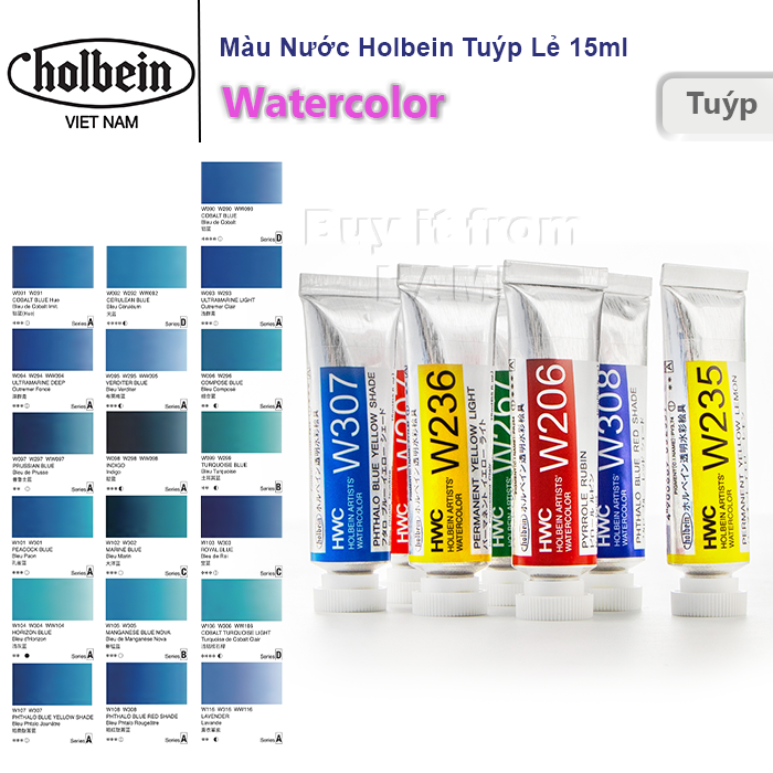  Màu nước Holbein Artist Watercolor Nhật Bản - Tuýp lẻ 15ml - Bảng màu Xanh Dương 