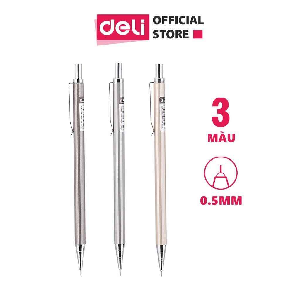  Bút chì kim bấm kỹ thuật 0.5mm Deli -1 chiếc - Mechanical pencil bảo vệ ngòi chì kèm đầu tẩy thân kim loại chống hao mòn - E6490 