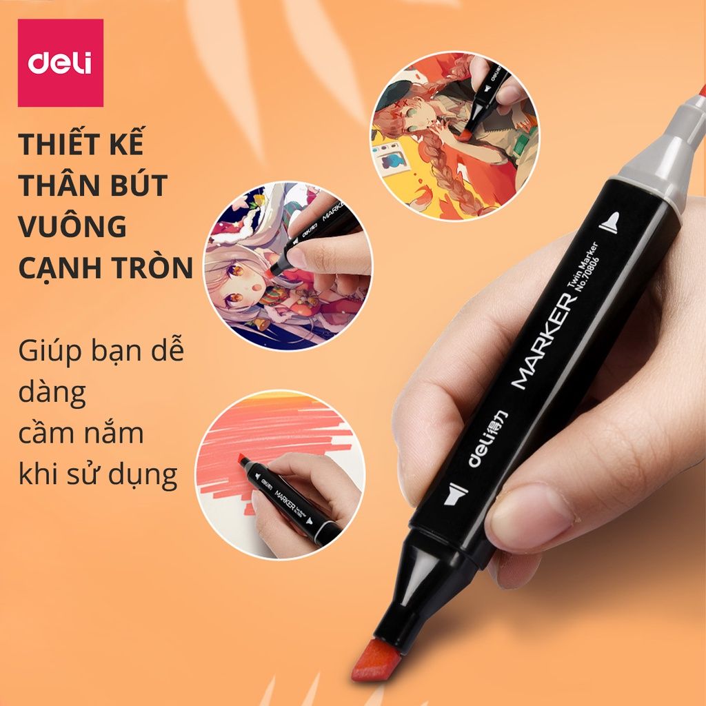  Bút màu marker chuyên nghiệp Deli -kèm túi vải - 30/40/60/80 Màu - 70806 