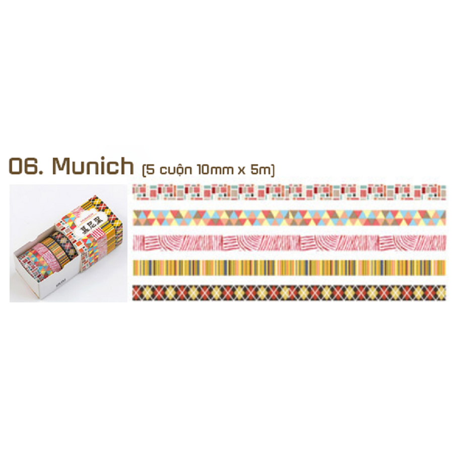  Bộ 5 cuộn băng keo họa tiết 10mm x 5m chủ đề các nước WT05105-01 trang trí sổ tay, scrapbook, ... 