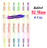  Bộ bút dạ quang 6 bút 12 màu CY nhiều màu 2 đầu trong 1 cây chất lượng cao, bút nhớ, bút highlight 