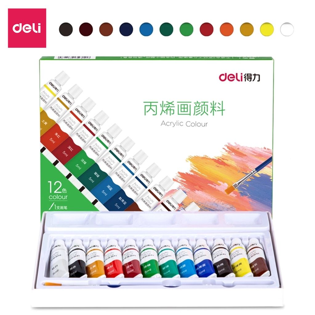  Màu nước acrylic dạng tuýp 5ml chuyên nghiệp Deli - dùng để vẽ vải / giày / tường - 12/18/24 màu - 73913 73914 73915 