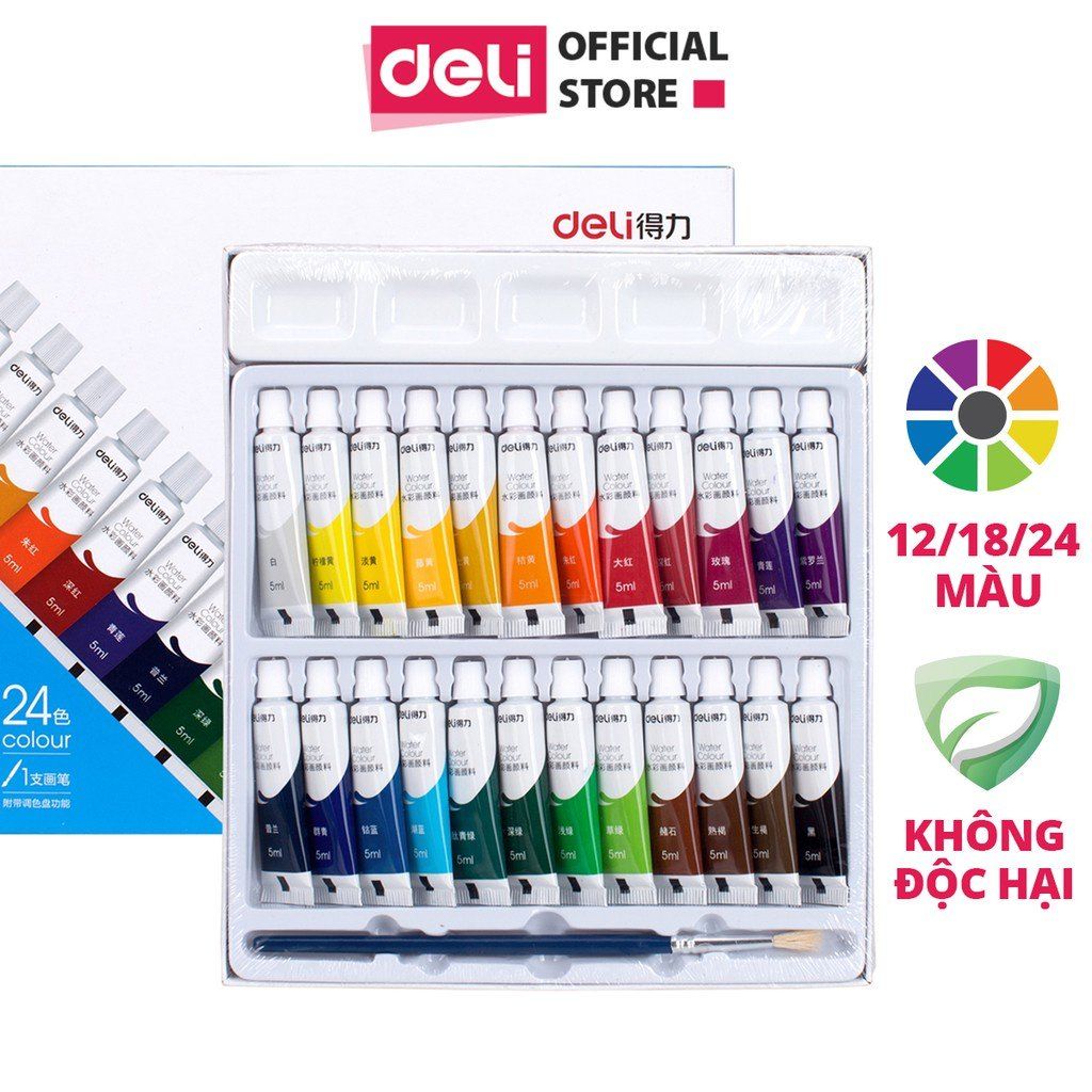  Màu nước dạng tuýp 5ml Deli - 12 màu/18 màu/24 màu - 73859 / 73860 / 73861 