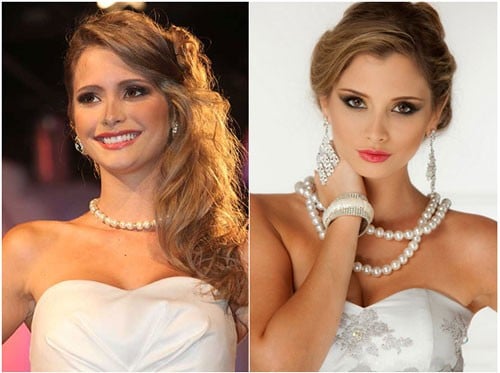 Miss Ecuador Fernanda Cornejo lộng lẫy trong trang sức ngọc trai tại cuộc thi Hoa hậu Quốc tế khi cô đăng quang năm 2011. Vẻ đẹp phúc hậu, tươi trẻ của cô được trang sức ngọc trai nâng lên ở mức hoàn hảo.