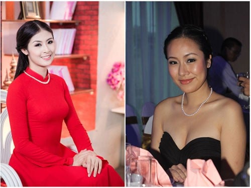 Trang sức ngọc trai là điểm nhấn tuyệt vời cho bộ trang phục nền nã, thanh thoát của Hoa hậu Ngọc Hân và Ngô Phương Lan