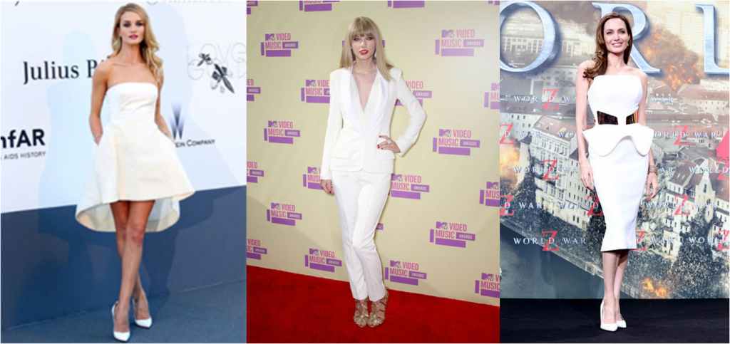 hay tren tham do, trong khi sieu mau rosie huntington whiteley trong that ngot ngao va sang trong trong chiec vay trang cua dior, taylor swifft chon phong cach ca tinh, manh me thi “phu thuy” angelina jolie lai chon cho minh su sang trong va dang cap.