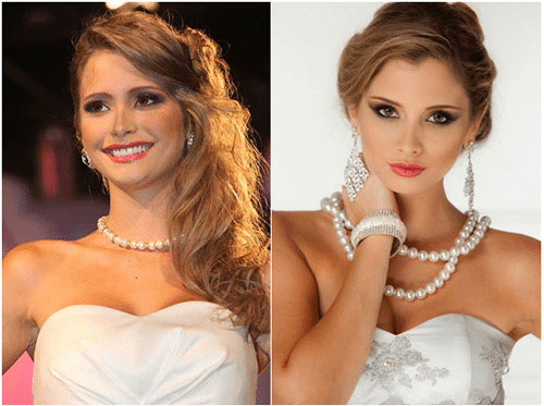 Miss Ecuador Fernanda Cornejo lộng lẫy trong trang sức ngọc trai tại cuộc thi Hoa hậu quốc tế khi cô đăng quang năm 2011. Vẻ đẹp phúc hậu, tươi trẻ của cô cùng với trang sức ngọc trai.
