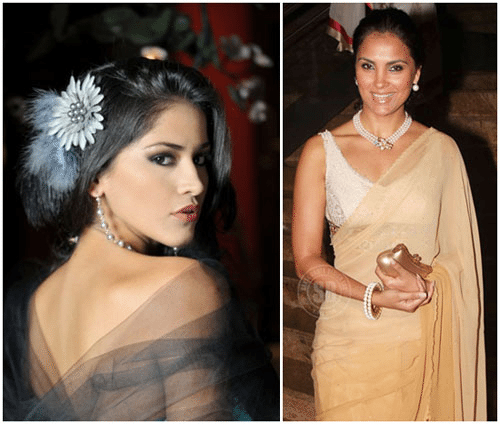 Hoa hậu trái đất 2011 Olga Álava và Hoa hậu Hoàn Vũ 2000 Lara Dutta cùng chọn trang sức ngọc trai tô điểm cho vẻ đẹp của mình.