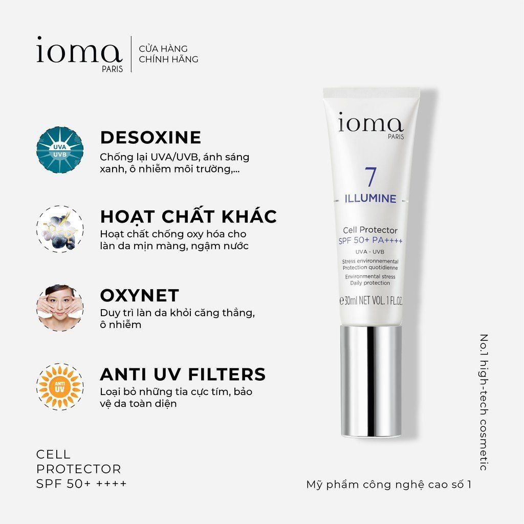 Kem chống nắng tái tạo tế bào Ioma Paris Cell Protector SPF 50+PA++++ 30ML