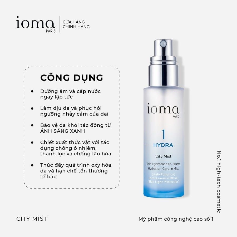 Serum dạng xịt chống ánh sáng xanh, cấp ẩm cho da Ioma Paris City Mist 50ML