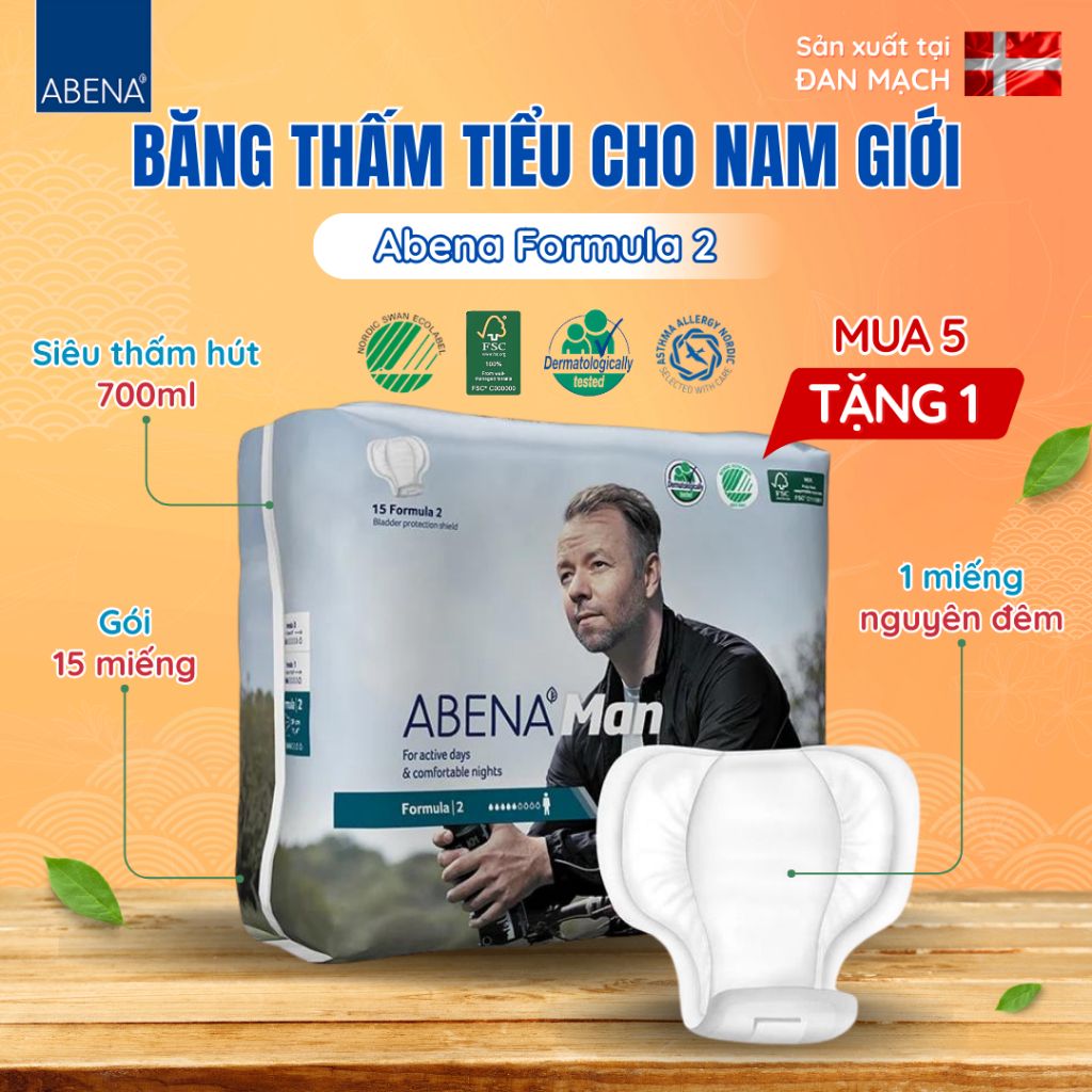  [Mua 5 tặng 1] Băng thấm tiểu cho nam giới Abena Formula 2 - Nhập khẩu Đan Mạch (Gói 15 miếng) 