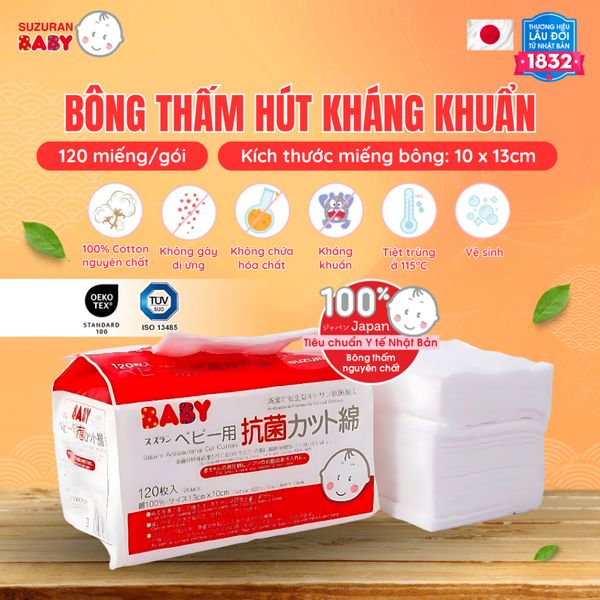 Bông thấm hút kháng khuẩn Suzuran Japan - 120 miếng/gói 
