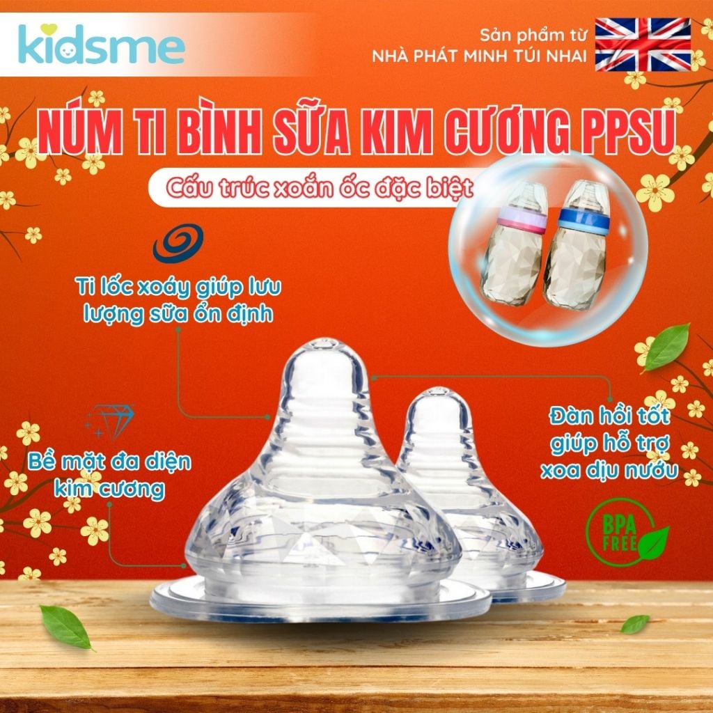  [ Mua 2 tặng 1 ] Núm ti bình sữa kim cương cổ rộng kidsme - 2 cái 