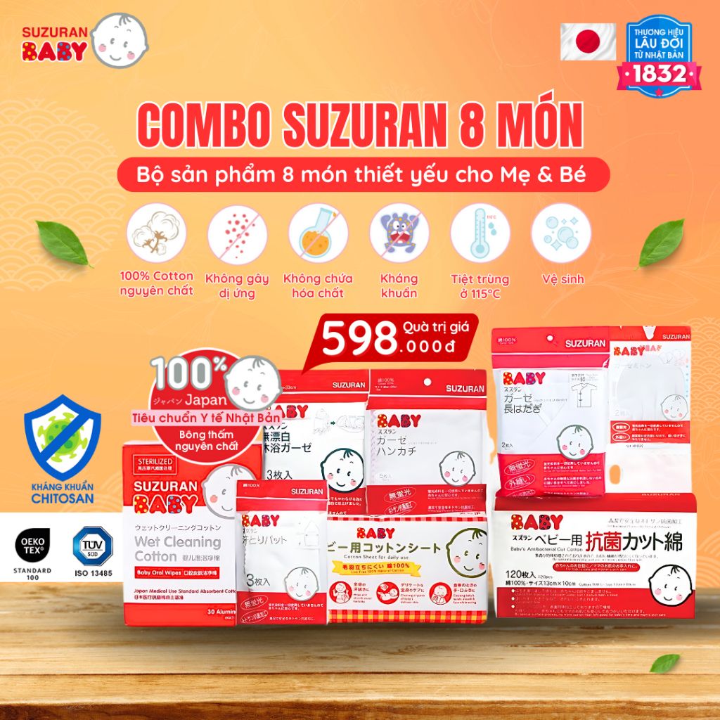  [ Có quà ] -Combo Suzuran 8 Món Cao Cấp Tiệt Trùng Kháng Khuẩn Đi Sinh Tiện Lợi An Toàn Cho Mẹ Và Bé 