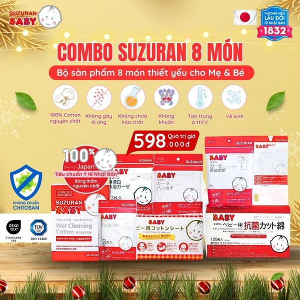  [ Có quà ] -Combo Suzuran 8 Món Cao Cấp Tiệt Trùng Kháng Khuẩn Đi Sinh Tiện Lợi An Toàn Cho Mẹ Và Bé 