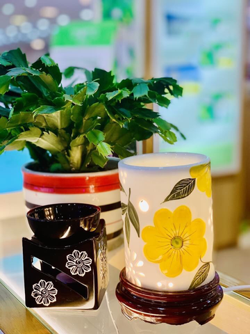 Đèn điện xông tinh dầu hình trụ hoa văn vẽ tay