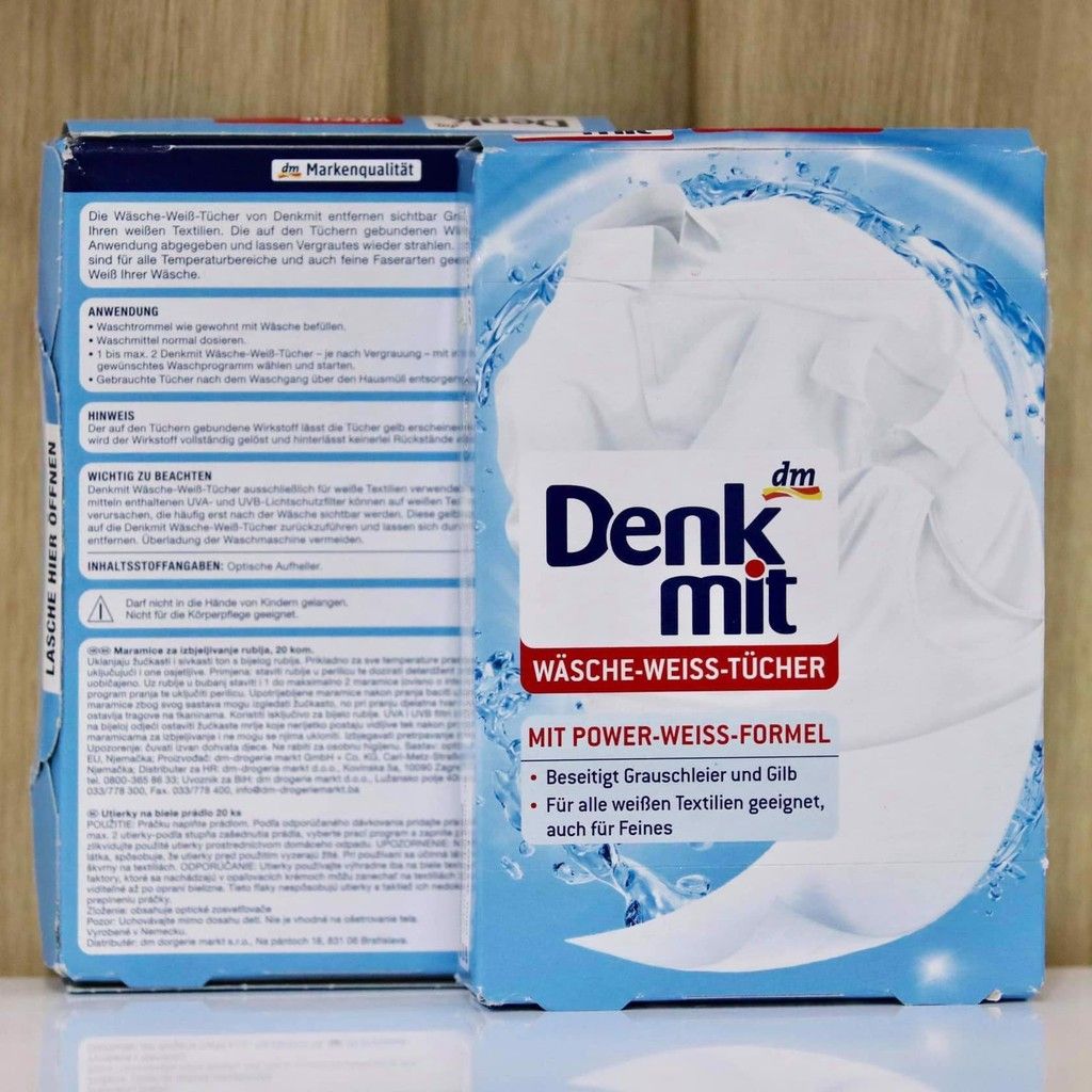 Miếng giặt tẩy trắng quần áo Denkmit Power Weiss Pormel 20 miếng, Đức. (Hộp)