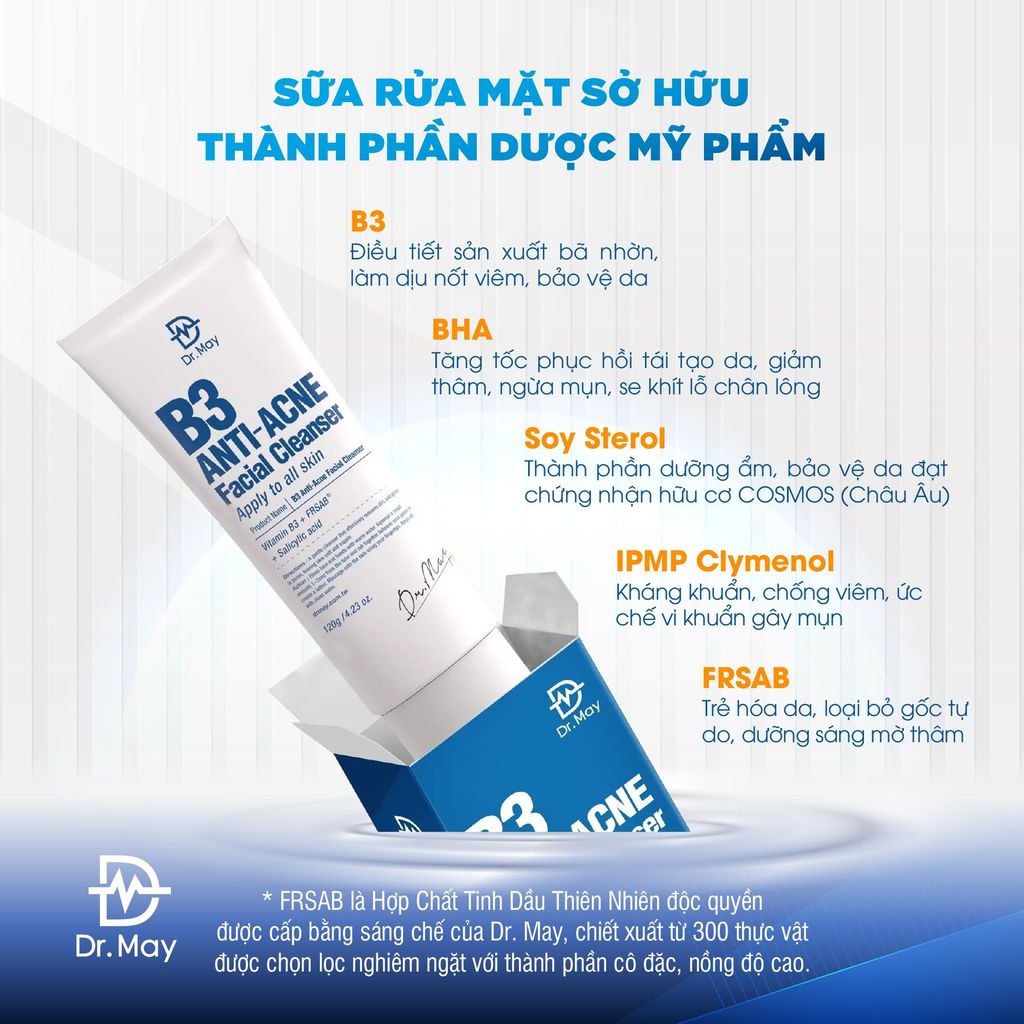 (HSD 29/09/2025) SỮA RỬA MẶT DR.MAY B3 KIỀM DẦU, GIẢM MỤN - DR.MAY B3 ANTI-ACNE FACIAL CLEANSER