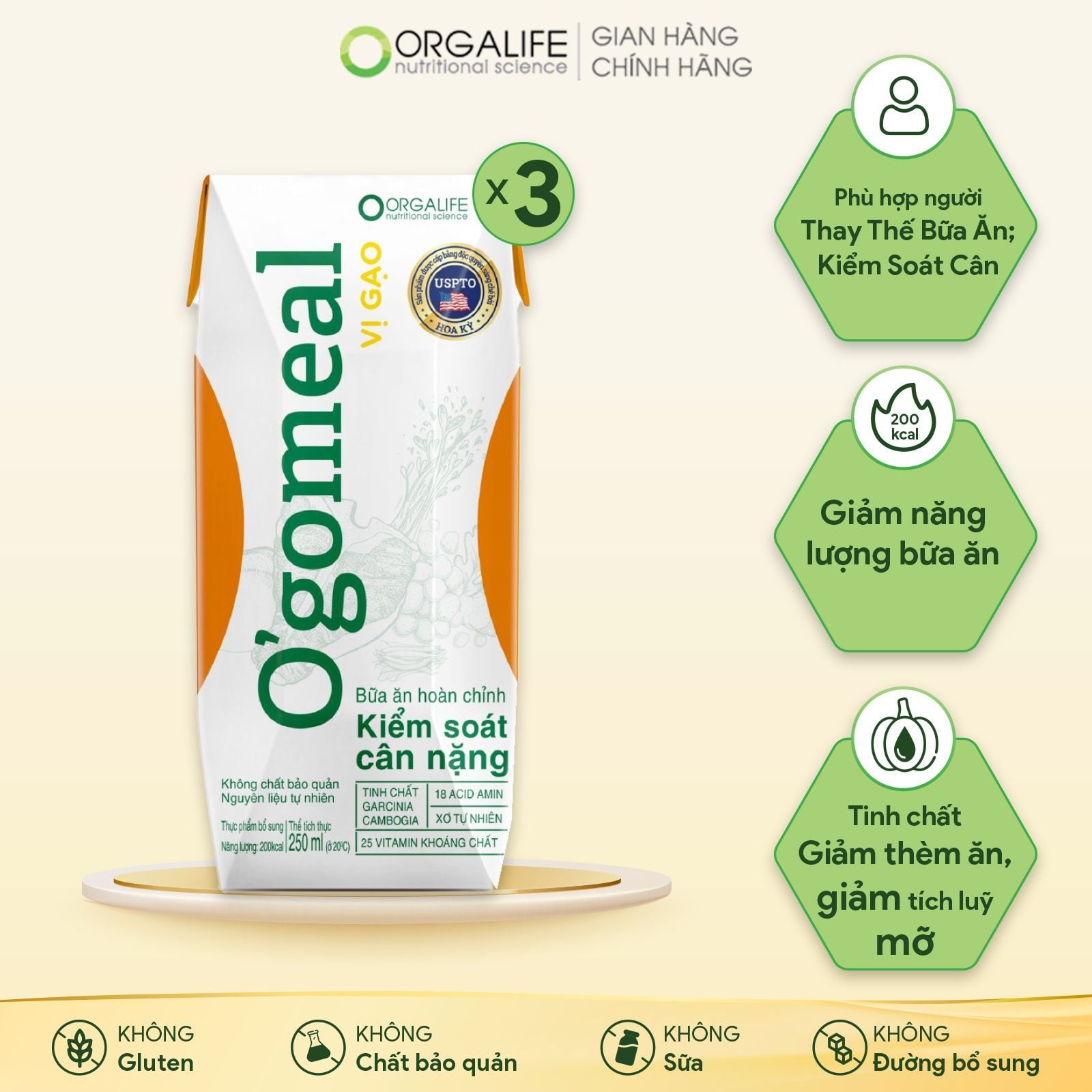  [Quà tặng] O'GO MEAL VỊ GẠO - Lốc 3 Hộp (250ml/Hộp) 