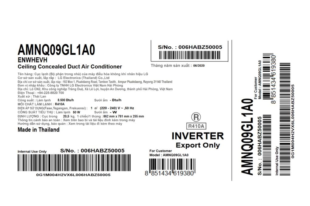 Dàn lạnh âm trần nối ống gió multi LG (1.0Hp) AMNQ09GL1A0 inverter
