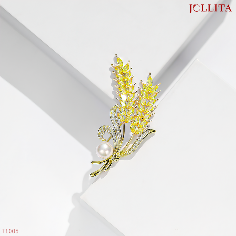  Trâm cài áo Bông lúa vàng dát đá đính ngọc trai cao cấp 