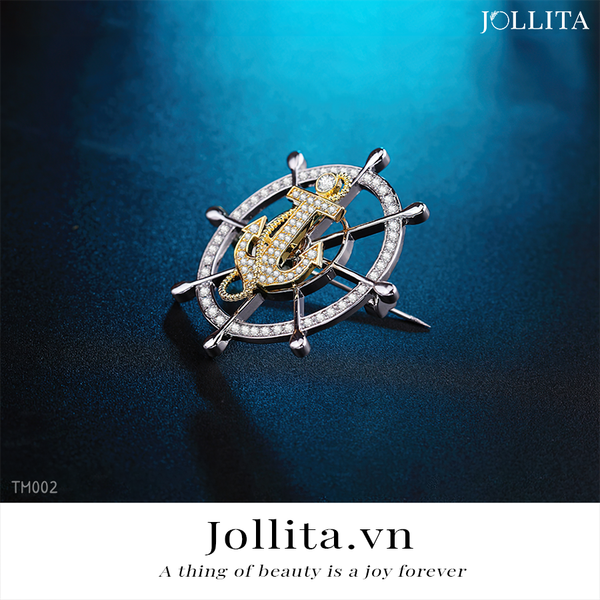  Trâm cài áo bánh lái mỏ neo dát đá zircon cao cấp 