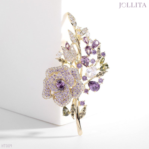  Trâm cài áo Hoa trà đính đá tím cao cấp 