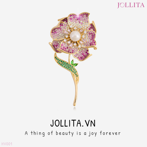  Trâm cài áo đóa hoa dát đá hồng tinh tế thanh lịch 