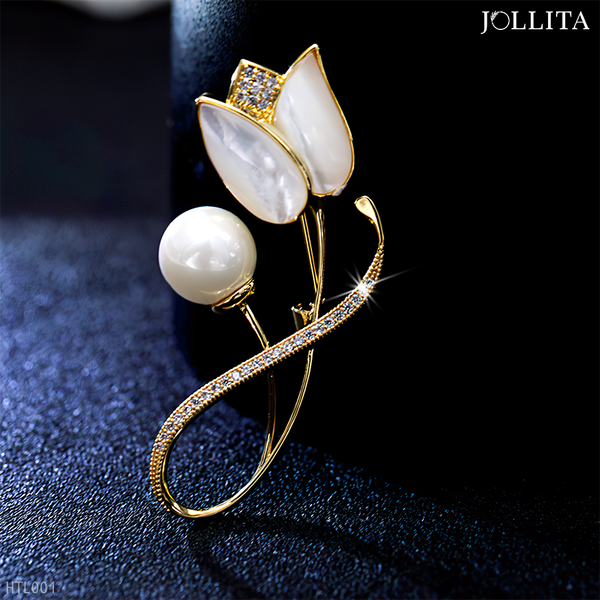  Trâm cài áo vest đóa hoa Tulip khảm đá đính ngọc trai sang trọng 