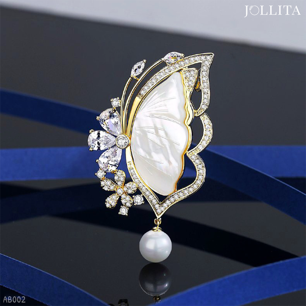  Trâm cài áo vest bướm vàng đính ngọc trai thanh lịch cao cấp 