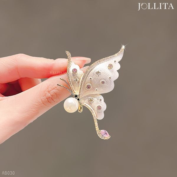  Trâm cài áo bướm tráng men đính ngọc trai thanh lịch cao cấp 